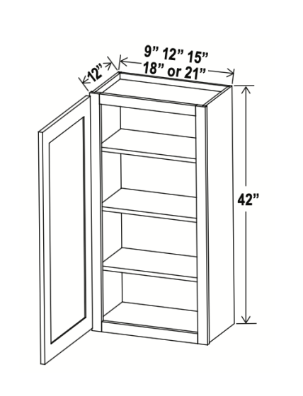 Shaker White - Wall Cabinet - 18"W x 42"H x 12"D - Single Door - 3 Shelves