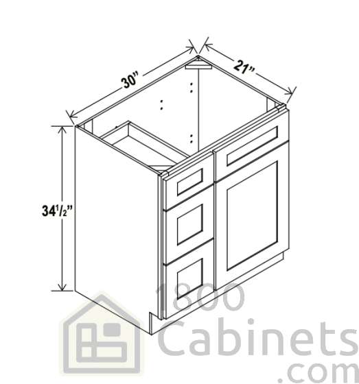 Rustic Wood - Vanity Sink Base - 30"W x 34-1/2"H x 21"D - Single Door, 3 Left DRW
