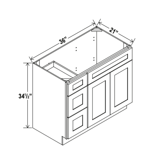 Charleston White - Vanity Sink Base - 36"W x 34-1/2"H x 21"D - Single Door, 3 Left Drawers
