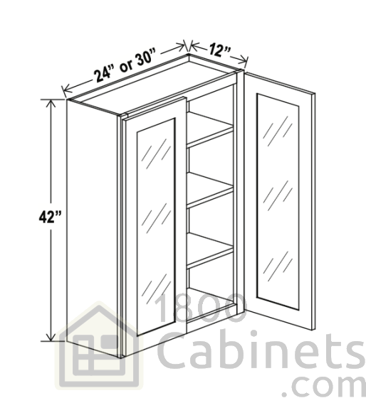 Sage Breeze - Wall Glass Door Cabinet - 30"W x 42"H x 12"D - Double Doors - 3 Shelves