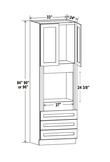 Charleston White - Oven Cabinet - 33"W x 96"H X 24"D - Double Doors, 3 Drawers, 1 Shelf