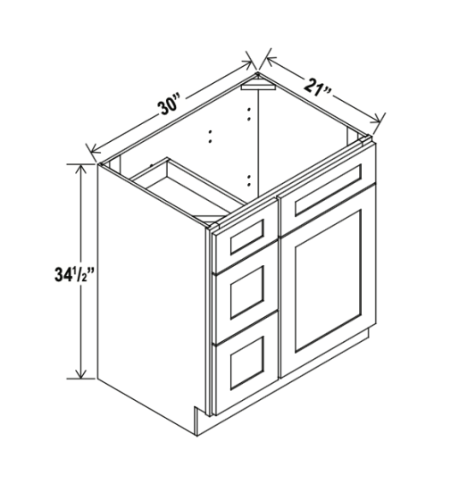 Treasure Chest - Vanity Sink Base - 30"W x 34-1/2"H x 21"D - Single Door, 3 Left DRW