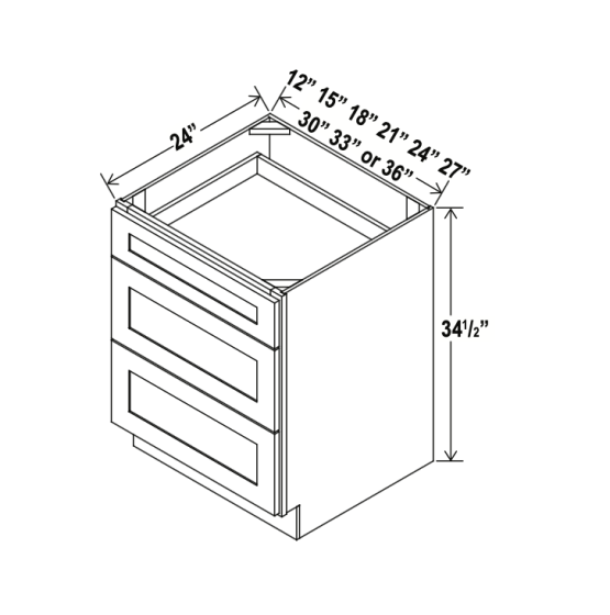 Smoky Ash - Drawer Base Cabinet - 18"W x  34-1/2"H x 24"D - 3 Drawers