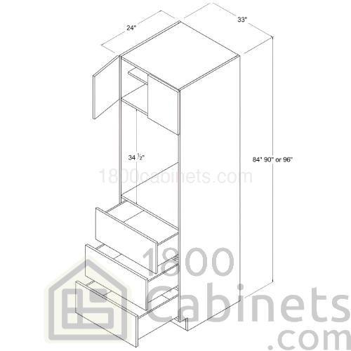 Matt Ivory - Single Oven Pantry - 33"W X 84"H X 24"D - Double Doors - 3 Drawers