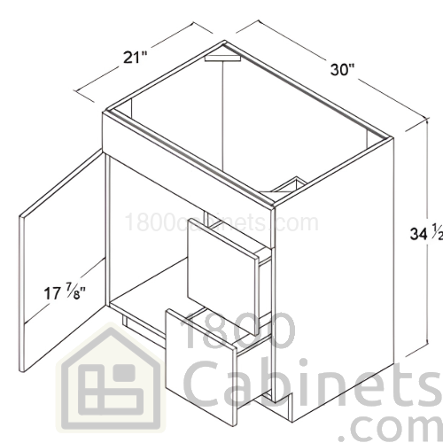 Oak Blonde - Combo Vanity with 2 Drawers Right - 30"W X 34 1/2"H X 21"D - 1 Door - 1 Long False Drawer Face - Two Drawers