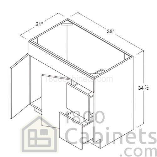 Oak Blonde - Combo Vanity with 2 Drawers Right - 36"W X 34 1/2"H X 21"D - Double Doors - 1 Long False Drawer Face - Two Drawers
