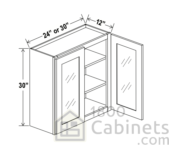 Sage Breeze - Wall Glass Door Cabinet - 24"W x 30"H x 12"D - Double Doors - 2 Shelves