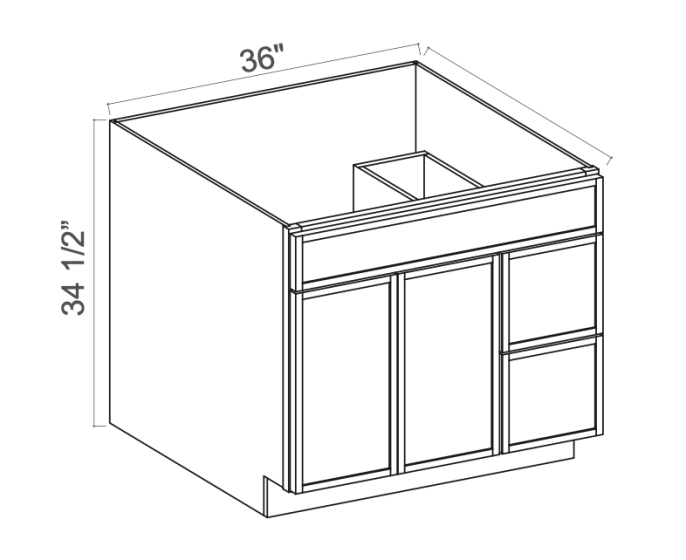 Slim White Oak - Vanity Sink Base - 36"W x 34-1/2"H x 21"D - 1 False Front, Double Doors, 2 Left Drawers