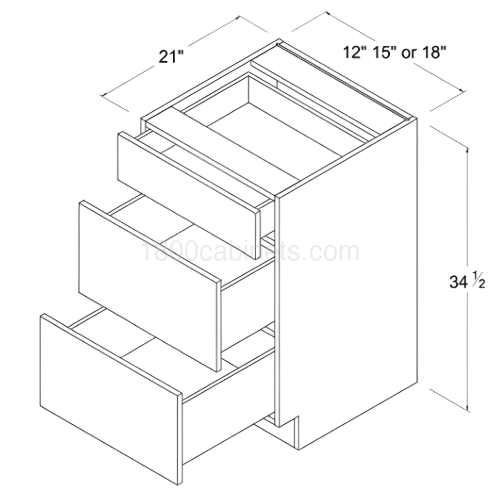 Matt Ivory - Vanity Drawer Base Cabinet - 12"W X 34 1/2"H X 21"D - 3 Drawers
