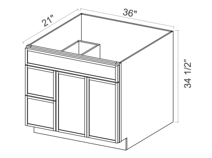 Slim Dove White - Vanity Sink Base - 36"W x 34-1/2"H x 21"D - 1 False Front, Double Doors, 2 Right Drawers
