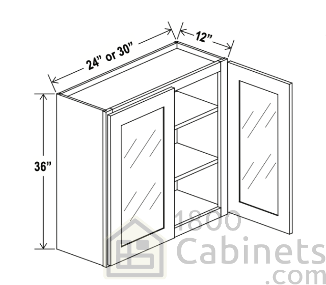 Sage Breeze - Wall Glass Door Cabinet - 30"W x 36"H x 12"D - Double Doors - 2 Shelves