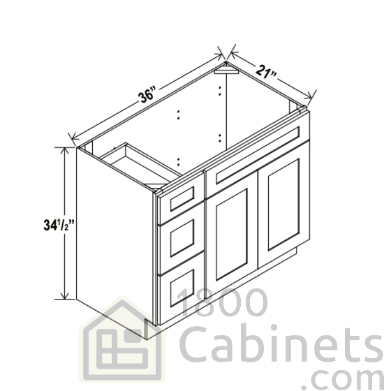 Sage Breeze - Vanity Sink Base - 36"W x 34-1/2"H x 21"D - Single Door, 3 Left DRW