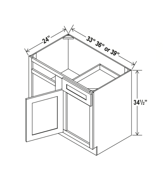 Double Smoky Gray - Blind Base Corner Cabinet - 33"W x 34-1/2"H x 24"D - Single Door, 1 Drawer, 1 Shelf*Install range 36" min., 39" max; Specify Left/Right Hinge assembly
