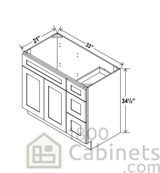 Sage Breeze - Vanity Sink Base - 33"W x 34-1/2"H x 21"D - Single Door, 3 Right DRW