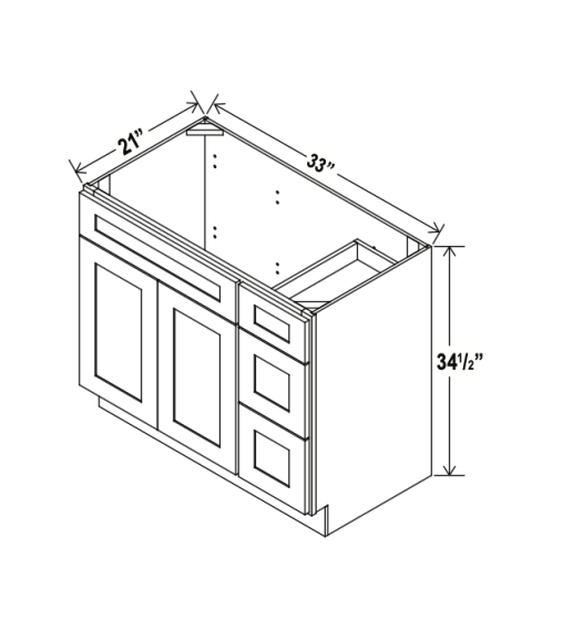Shaker Gray - Vanity Sink Base - 33"W x 34-1/2"H x 21"D - Single Door, 3 Right DRW