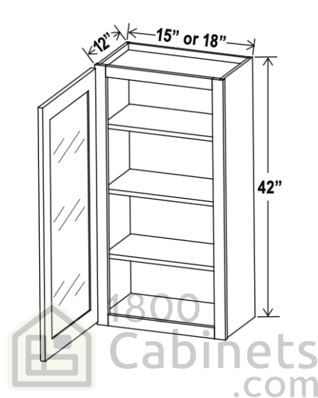 Rustic Wood - Wall Glass Door Cabinet - 15"W x 42"H x 12"D - Single Door - 3 Shelves