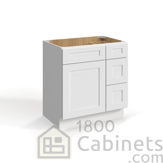 Shaker White - Vanity Sink Base - 30"W x 34-1/2"H x 21"D - Single Door, 3 Right DRW