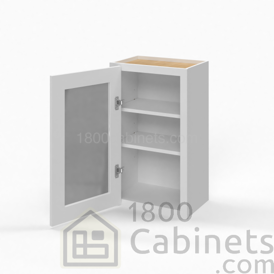 Shaker White - Wall Glass Door Cabinet - 15"W x 30"H x 12"D - Single Door - 2 Shelves