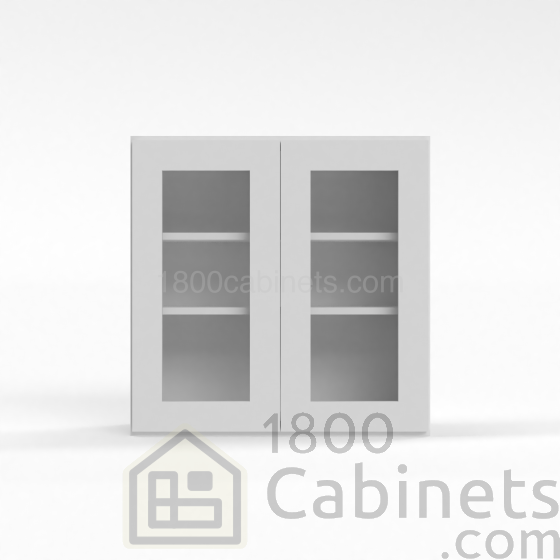 Shaker White - Wall Glass Door Cabinet - 24"W x 30"H x 12"D - Double Doors - 2 Shelves