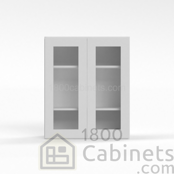 Shaker White - Wall Glass Door Cabinet - 24"W x 36"H x 12"D - Double Doors - 2 Shelves