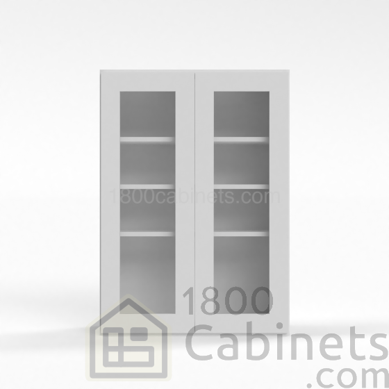 Shaker White - Wall Glass Door Cabinet - 24"W x 42"H x 12"D - Double Doors - 3 Shelves