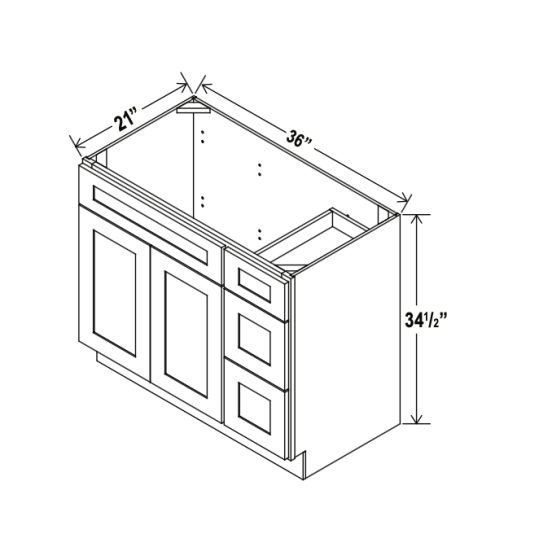 Smoky Ash - Vanity Sink Base - 36"W x 34-1/2"H x 21"D - Single Door, 3 Right DRW