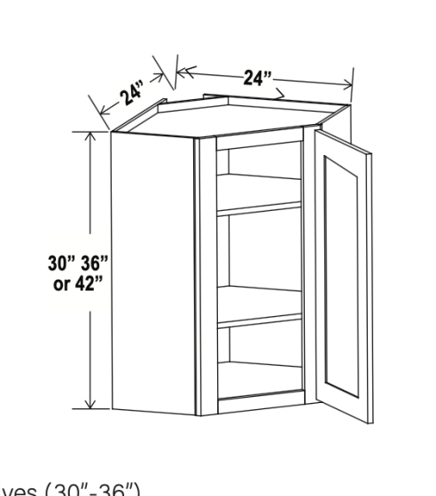Shaker White - Wall Diagonal Corner Cabinet -  24"W x 36"H x 12"D - Single Door - 2 Shelves
