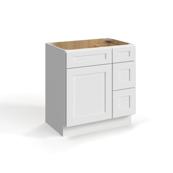 Shaker White - Vanity Sink Base - 30"W x 34-1/2"H x 21"D - Single Door, 3 Right DRW