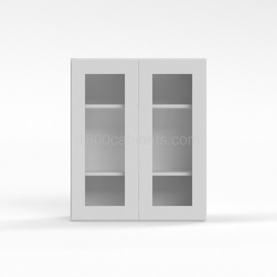 Shaker White - Wall Glass Door Cabinet - 24"W x 36"H x 12"D - Double Doors - 2 Shelves