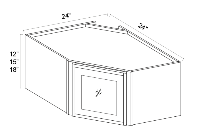 Slim Dove White - Wall Diagonal Glass Door Corner Cabinet - 24"W x 15"H x 12"D - Single Door - 2 Shelves
