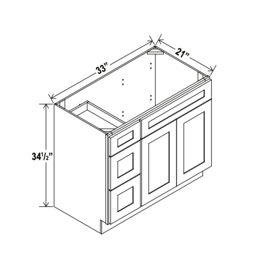 Shaker Gray - Vanity Sink Base - 33"W x 34-1/2"H x 21"D - Single Door, 3 Left DRW