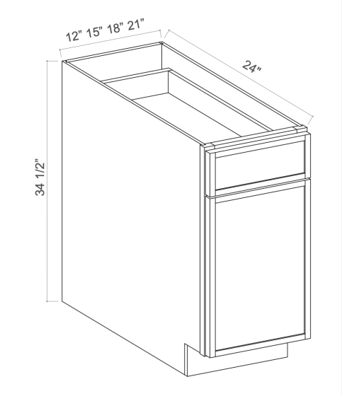 Slim White Oak - Base Cabinet - 12"W x 34-1/2"H x 24"D - Single Door, Single Drawer, 1 Shelf