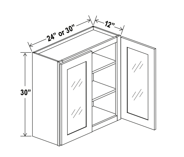Aston Green - Wall Glass Door Cabinet - 24"W x 30"H x 12"D - Double Doors - 2 Shelves