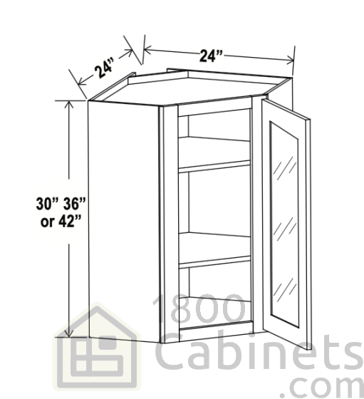Rustic Wood - Wall Diagonal Glass Door Corner Cabinet - 24"W x 42"H x 12"D - Single Door - 3 Shelves