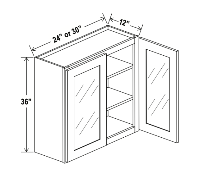 Iron Black - Wall Glass Door Cabinet - 24"W x 36"H x 12"D - Double Doors - 2 Shelves